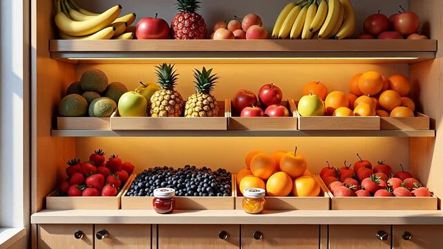 Wooden shelf stocked with assorted fruits