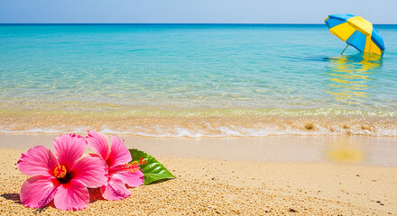 Fototapeta premium Beach scene featuring two pink hibiscus flowers on yellow sand near turquoise water, under blue sky, and sun umbrella symbolizing tropical vacation