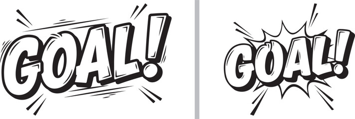 Dynamic black and white comic-style vector text of the word "GOAL!" with motion lines and an explosion bubble, capturing the high-energy excitement of a scoring moment in sports. © Nur