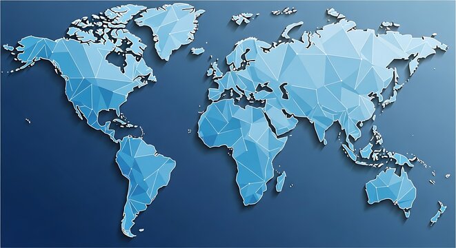 Polygonal world map in blue shades on a dark blue background.