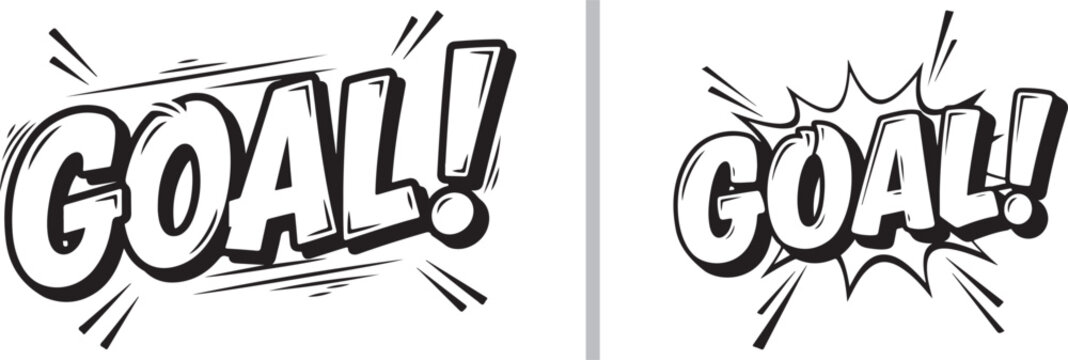 Dynamic black and white comic-style vector text of the word "GOAL!" with motion lines and an explosion bubble, capturing the high-energy excitement of a scoring moment in sports.