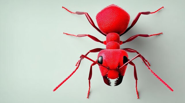 Abstract graphic of a red ant viewed from above, featuring a minimalist design with squarish edges, showcasing ultra-photorealistic details and vibrant colors against a soft background