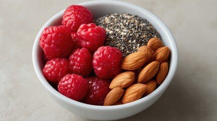 Fototapeta premium Fresh Raspberries, Almonds, and Chia Seeds in a White Bowl on a Light Background for Healthy Eating and Nutrition Concepts