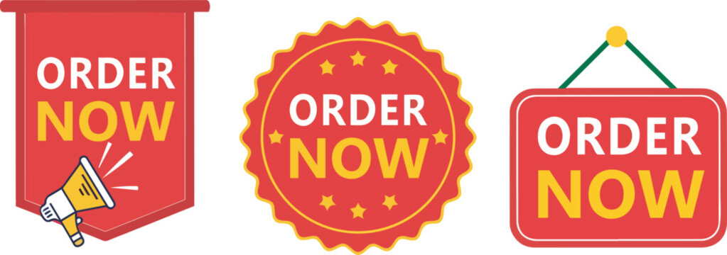 Colorful order now buttons and icons for online shopping promotions