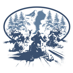 Obraz premium Group Of Snowmobile Riders Racing Through Snow, Vector Illustration, Print Ready.