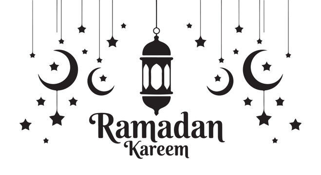 Minimalist ramadan kareem typography with simple crescent moon icons and hanging star shapes for greeting