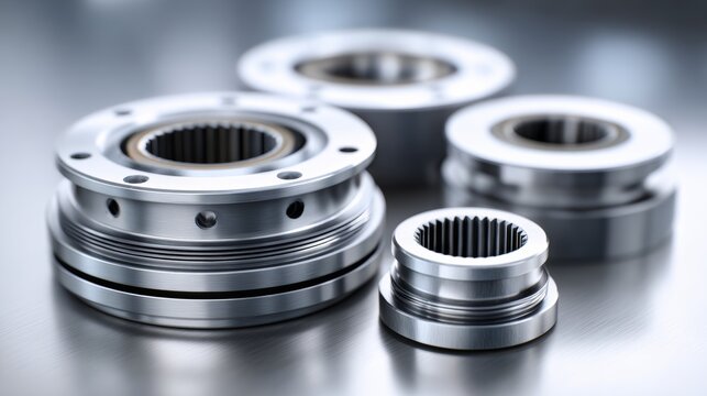 Close-up view of various metallic automobile spare parts featuring gears and flanges on a smooth surface, showcasing precision engineering and industrial design with soft lighting