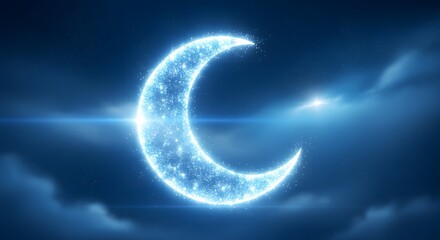 Magical glowing crescent moon made of sparkling particles against a starry night sky with clouds