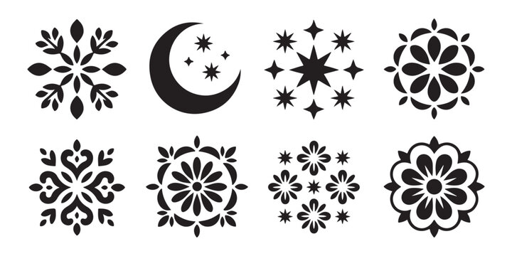 Set of decorative folk art elements vector design collection. abstract flower and moon with stars