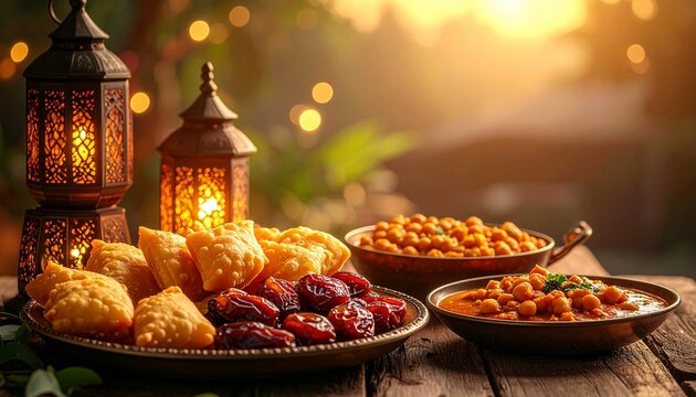 Delicious variety of Bangladeshi Ramadan food and traditional snacks for breaking the fast in a cozy atmosphere