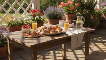 Obraz premium Sunny patio breakfast with pastries fruit juice and floral decor