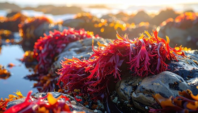 Vibrant crimson dulse seaweed clinging to rocky coastal outcrops, bathed in warm sunlight