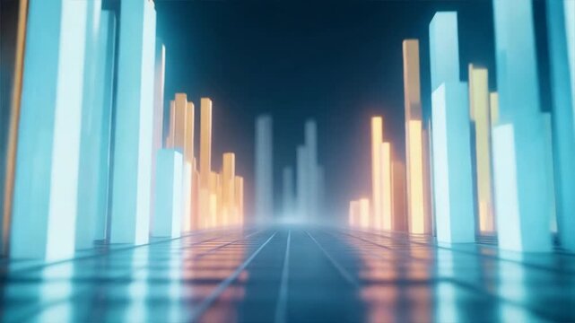 Vibrant abstract data visualization with dynamic blue and orange bars representing information flow and analysis.