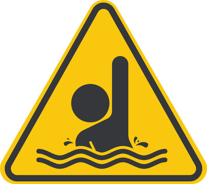 Safety sign showing person drowning with raised hands asking help, symbol for swimming pool danger and flood water safety awareness