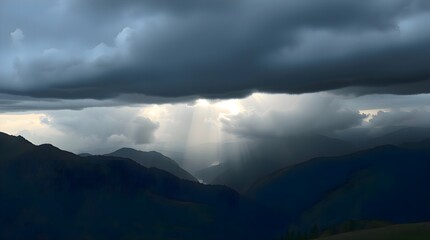 View of mountain range with cloudy sky, scenic alpine landscape at daytime for travel, hiking and outdoor adventure destination in wilderness