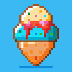 Fototapeta premium Colorful pixel art ice cream cone with blue background