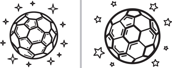 A minimalist black and white vector illustration featuring a soccer ball surrounded by twinkling stars. The clean line art style is ideal for coloring pages, icons, or sports-themed graphics. © Nur