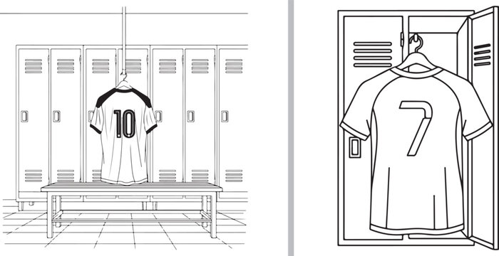 A two-panel vector illustration of a sports locker room. One side shows a jersey numbered 10 hanging over a bench, while the other shows a jersey numbered 7 inside an open locker.