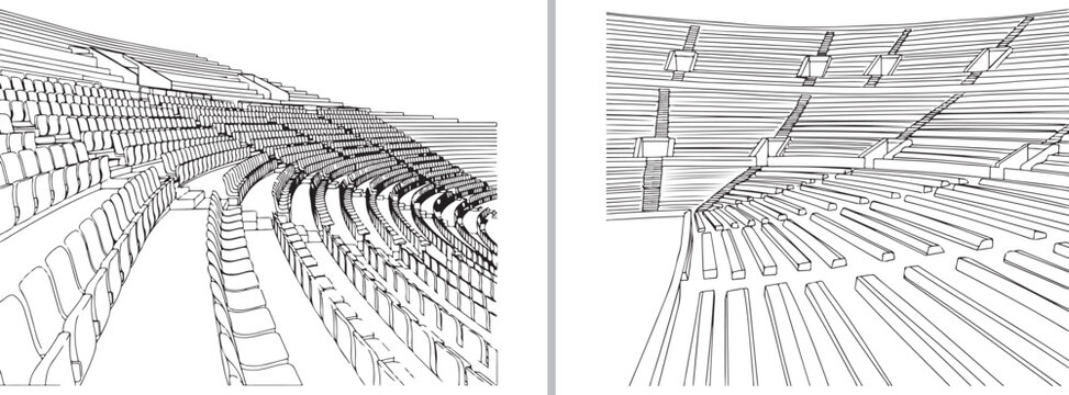 Wireframe 3D vector illustration of a modern stadium or auditorium interior, showing curved rows of tiered seating and architectural perspectives in a clean, minimalist line art style.