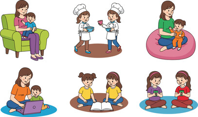 Set of Cute Cartoon Characters Including Mothers With Children and Sisters Playing Reading Cooking and Using Laptop for Family Education and Home Activity Vector