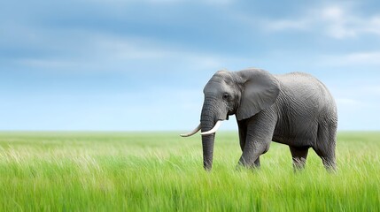 Obraz premium Majestic African elephant walks across a wide sunlit savanna covered in lush green grass with a blue sky and scattered clouds overhead