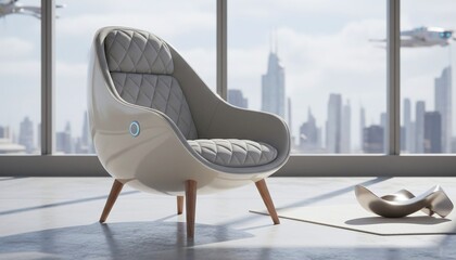 Obraz premium Futuristic Office Interior with Pod Chair and City Skyline View