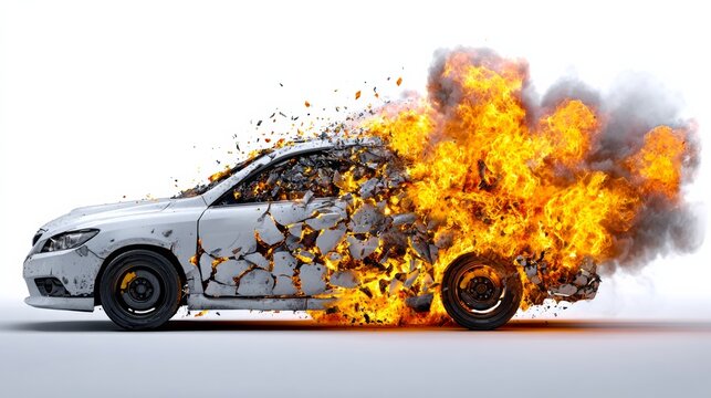 3D illustration of a car explosion with dynamic fragments and flames on a white background, showcasing a high-resolution rendering of a vehicle breaking apart