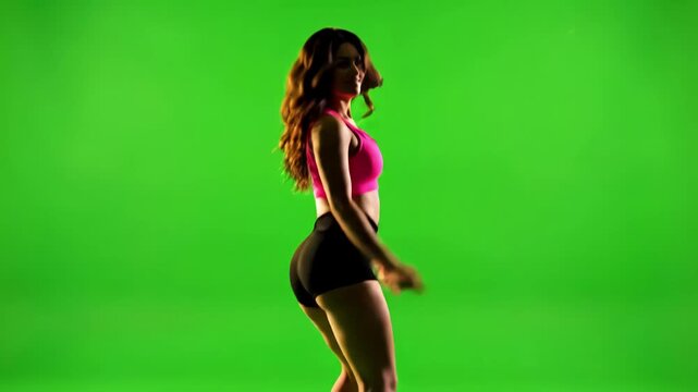 Green Screen young woman shaking ass in side view twerking dance over 4k video footage scene 3 with distortion, overlay, glitch, static noise, scan lines on black background, animated loop