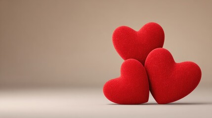 Fototapeta premium Three Soft Red Hearts on a Neutral Background Representing Love, Affection, and Emotion for Romantic or Celebratory Themes in Design Projects