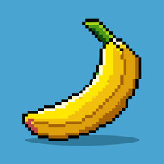 Obraz premium Pixel art illustration of a yellow banana on blue background