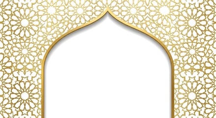 Golden geometric Islamic archway with intricate patterns on a white background, offering a blank space for text
