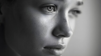 Fototapeta premium Monochrome close up of a young woman s face in profile highlighting skin texture delicate freckles and her expressive eyes evoking a sense of quiet contemplation