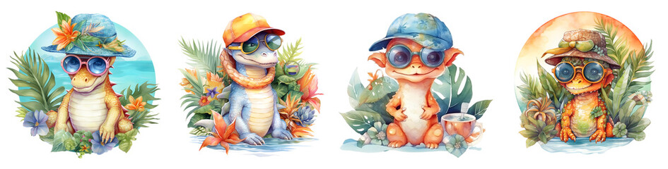Naklejka premium Cute watercolor dinosaurs in summer hats and sunglasses with transparent background