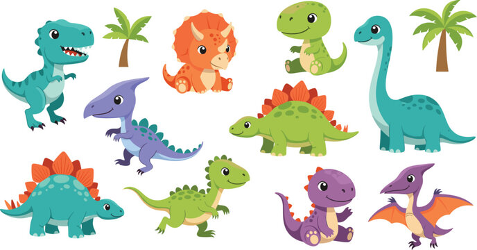 Cute Cartoon Dinosaur Vector Set with Colorful Prehistoric Characters and Palm Trees for Kids Education Learning Games and Nursery Design Projects