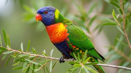 Colorful parrot perched on a tree branch, showcasing vibrant plumage against a blurred background