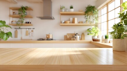 A serene sunlit kitchen featuring vibrant green plants on shelves and countertops accented by natural wood elements and a large window creating a refreshing home environment