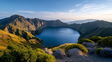 Fototapeta premium A panoramic view revealing the depth of a volcanic crater lake within a volcanic caldera highlights the geological significance of these natural wonders and attracts adventurers seeking scenic