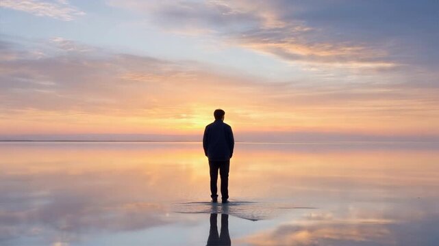 A solitary figure standing on a reflective landscape at sunrise, embodying tranquility and contemplation.