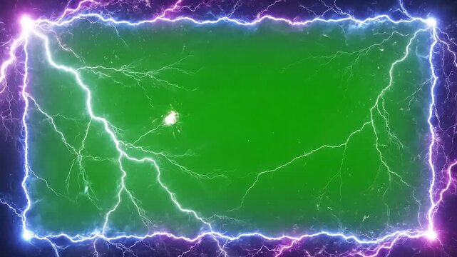 Green Screen seamless looping lightning neon energy frame background or border on scene 3 with distortion, overlay, glitch, static noise, scan lines black background, 4k animated video loop