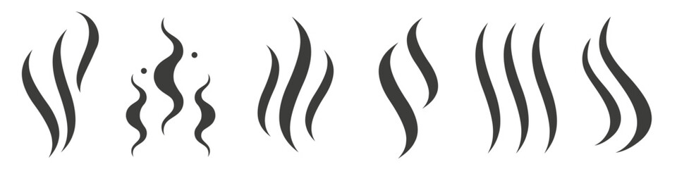 Steam, bad smell and flame icon set. Smoke smell, aroma heat icon illustration. Hot vapor fire doodle line logo. Hit stink, coffee. Flat vector illustration isolated on white background.