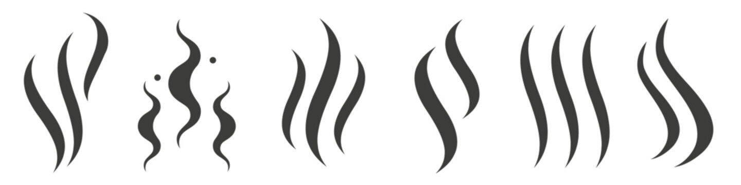 Steam, bad smell and flame icon set. Smoke smell, aroma heat icon illustration. Hot vapor fire doodle line logo. Hit stink, coffee. Flat vector illustration isolated on white background.