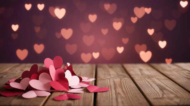 Empty old wooden table background with valentines day theme in background 
