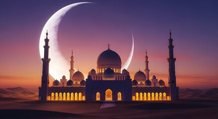 Epic desert landscape at twilight with a giant mosque silhouette under a huge crescent moon and starry sky