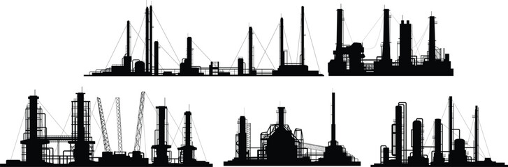 Industrial complex silhouettes factory plant refinery