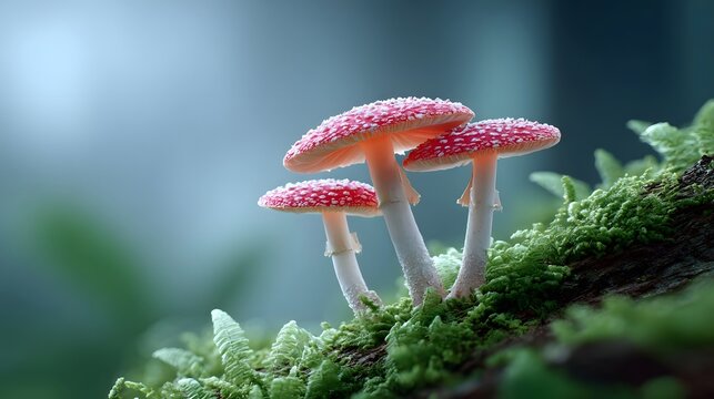 A close up view of three distinct red and white spotted mushrooms emerging from lush green moss on a fallen tree trunk set against a soft blurred forest backdrop