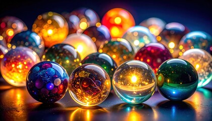 Colorful Glass Marbles with Light Reflections and Bright Bokeh