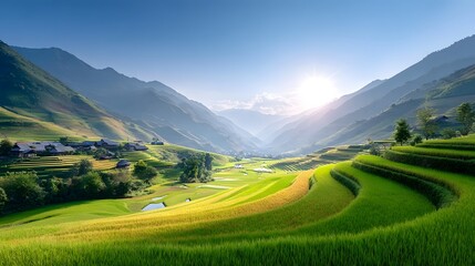 A breathtaking panoramic view of a remote mountainous landscape featuring meticulously cultivated terraced rice paddies reflecting the warm golden light of sunrise or sunset