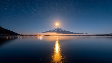 Fototapeta premium Breathtaking nocturnal scene featuring a snow covered mountain peak illuminated by a celestial light with a perfect reflection mirrored in the still lake waters under a sky filled with stars