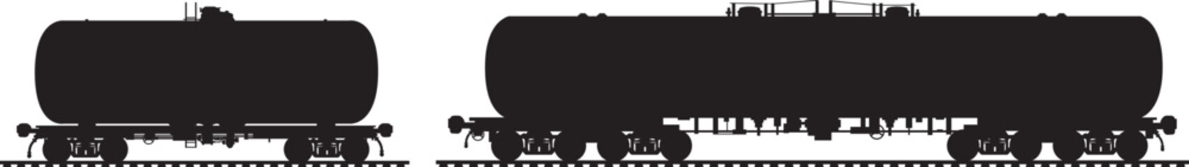 Black silhouettes of train tank cars on railroad tracks