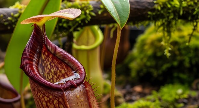 Detailed view of an exotic pitcher plant with rich natural colors in a tropical forest setting. Concept of botany, conservation, and rare plant species, suitable for science and education.